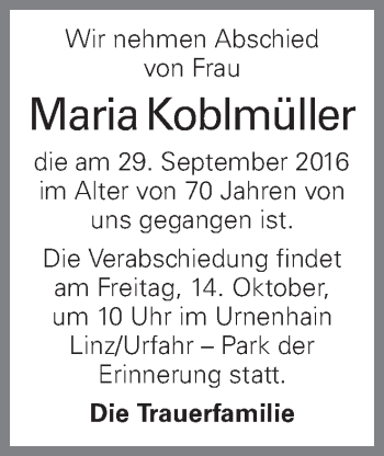 Traueranzeige von Maria Koblmüller von OÖNachrichten