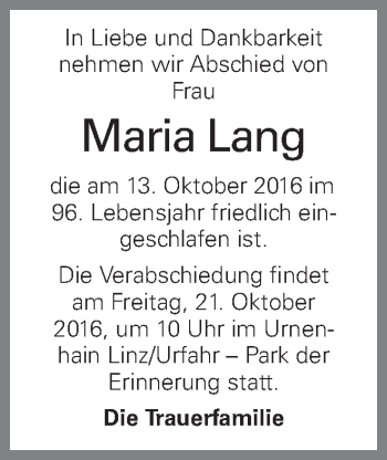 Traueranzeige von Maria Lang von OÖNachrichten