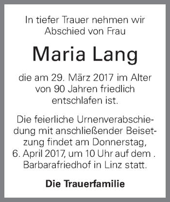 Traueranzeige von Maria Lang von OÖNachrichten
