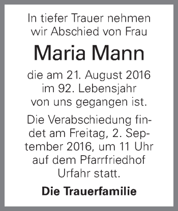 Traueranzeige von Maria Mann von OÖNachrichten