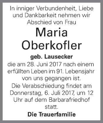 Traueranzeige von Maria Oberkofler von OÖNachrichten