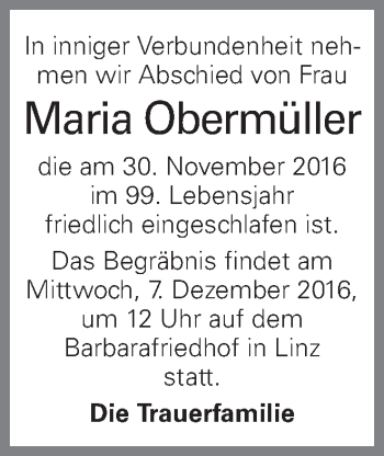 Traueranzeige von Maria Obermüller von OÖNachrichten