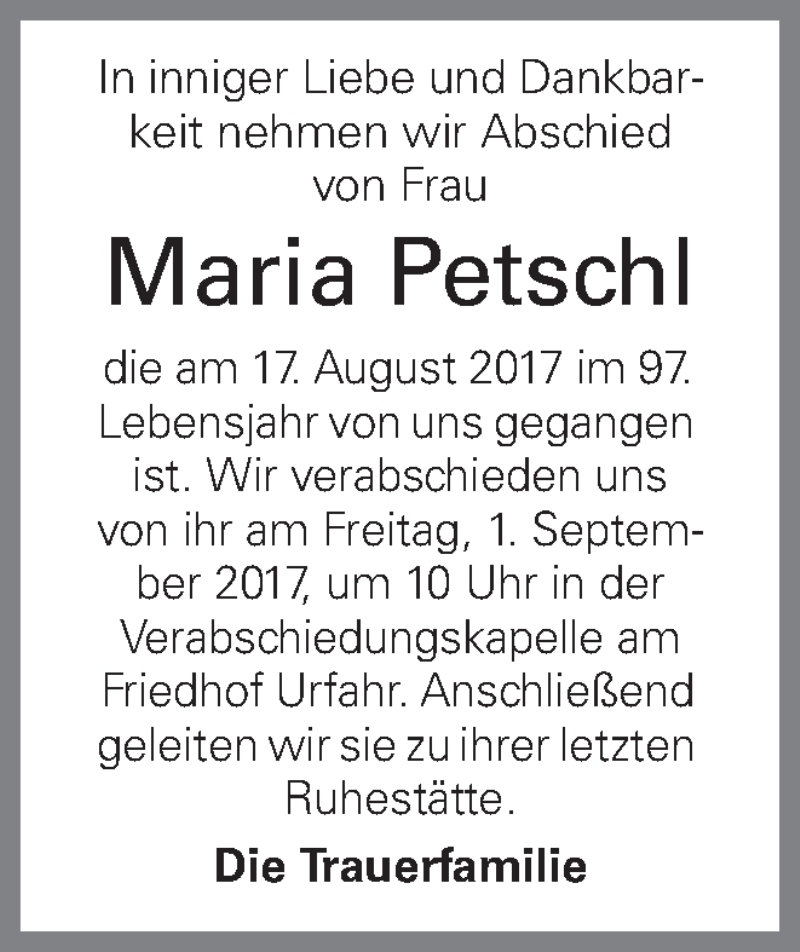  Traueranzeige für Maria Petschl vom 23.08.2017 aus Oberösterreichische Nachrichten