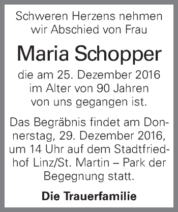 Traueranzeige von Maria Schopper von OÖNachrichten