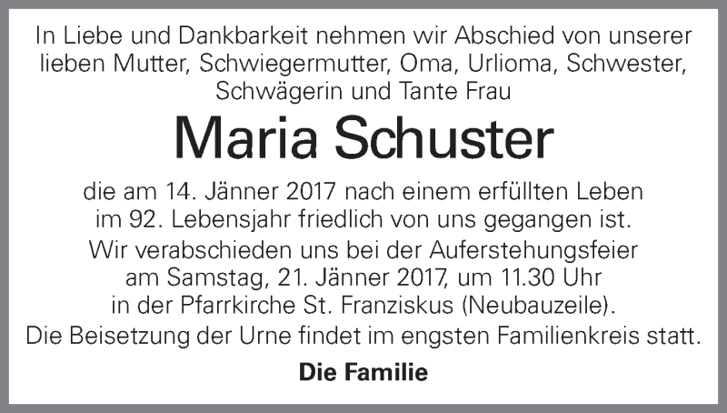  Traueranzeige für Maria Schuster vom 19.01.2017 aus OÖNachrichten