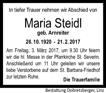 Traueranzeige von Maria Steidl von OÖNachrichten