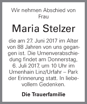 Traueranzeige von Maria Stelzer von OÖNachrichten