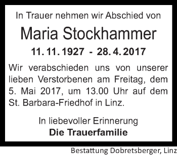 Traueranzeige von Maria Stockhammer von OÖNachrichten