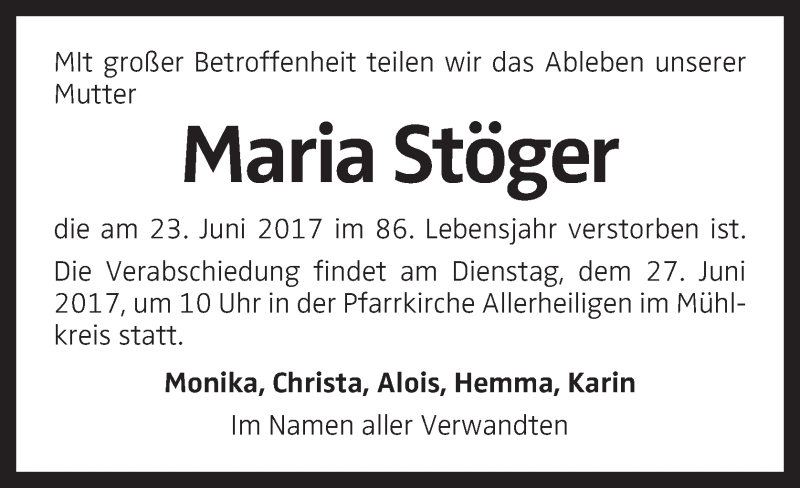  Traueranzeige für Maria Stöger vom 27.06.2017 aus OÖNachrichten