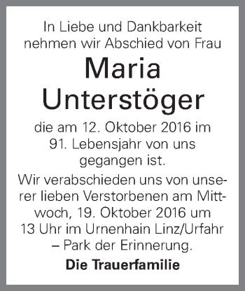 Traueranzeige von Maria Unterstöger von OÖNachrichten