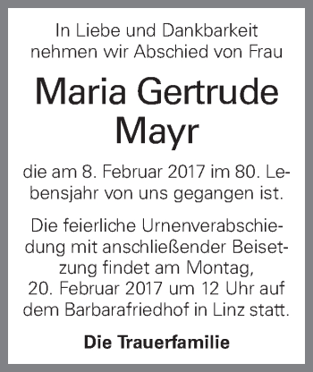 Traueranzeige von Maria Gertrude Mayr von OÖNachrichten