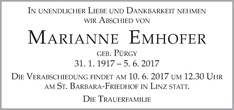  Traueranzeige für Marianne Emhofer vom 08.06.2017 aus OÖNachrichten