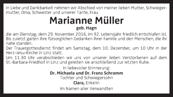 Traueranzeige von Marianne Müller von OÖNachrichten