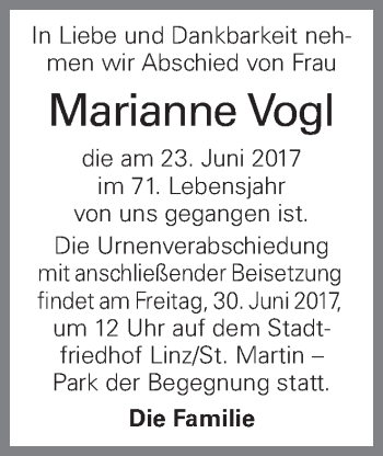 Traueranzeige von Marianne Vogl von OÖNachrichten