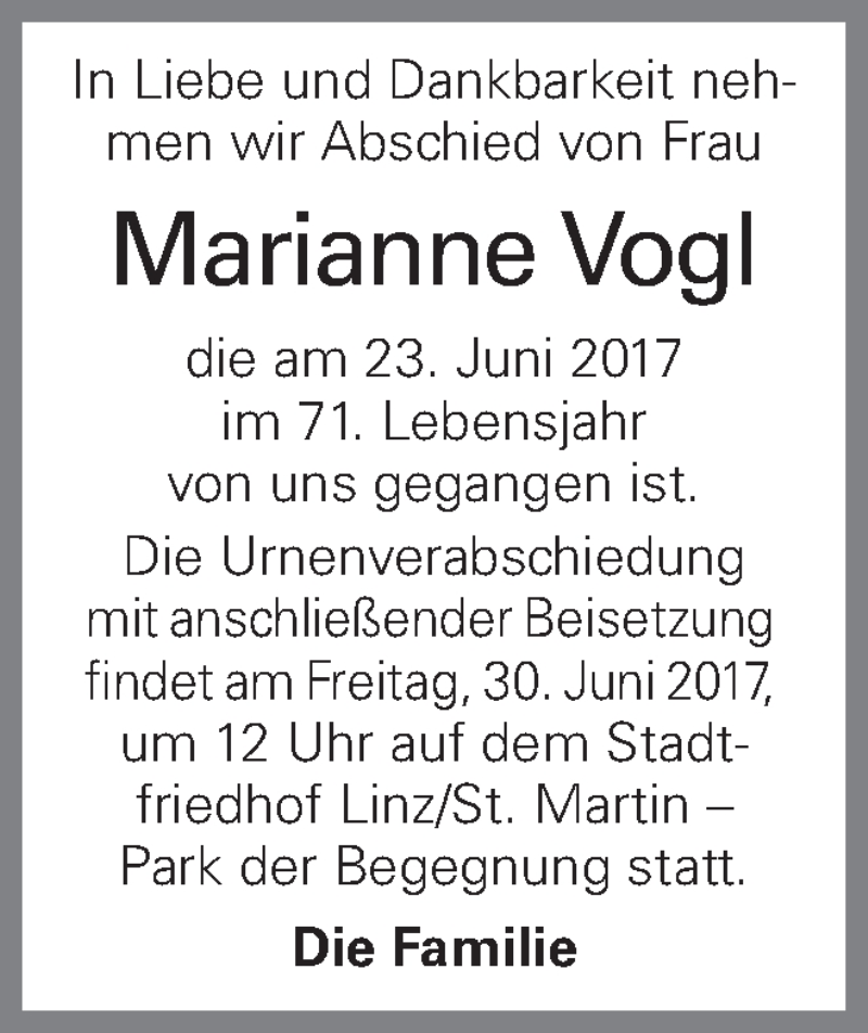  Traueranzeige für Marianne Vogl vom 28.06.2017 aus OÖNachrichten