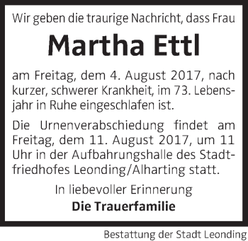 Traueranzeige von Martha Ettl von OÖNachrichten
