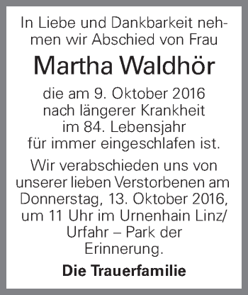Traueranzeige von Martha Waldhör von OÖNachrichten
