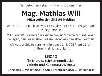 Traueranzeige von Mathias Will von OÖNachrichten