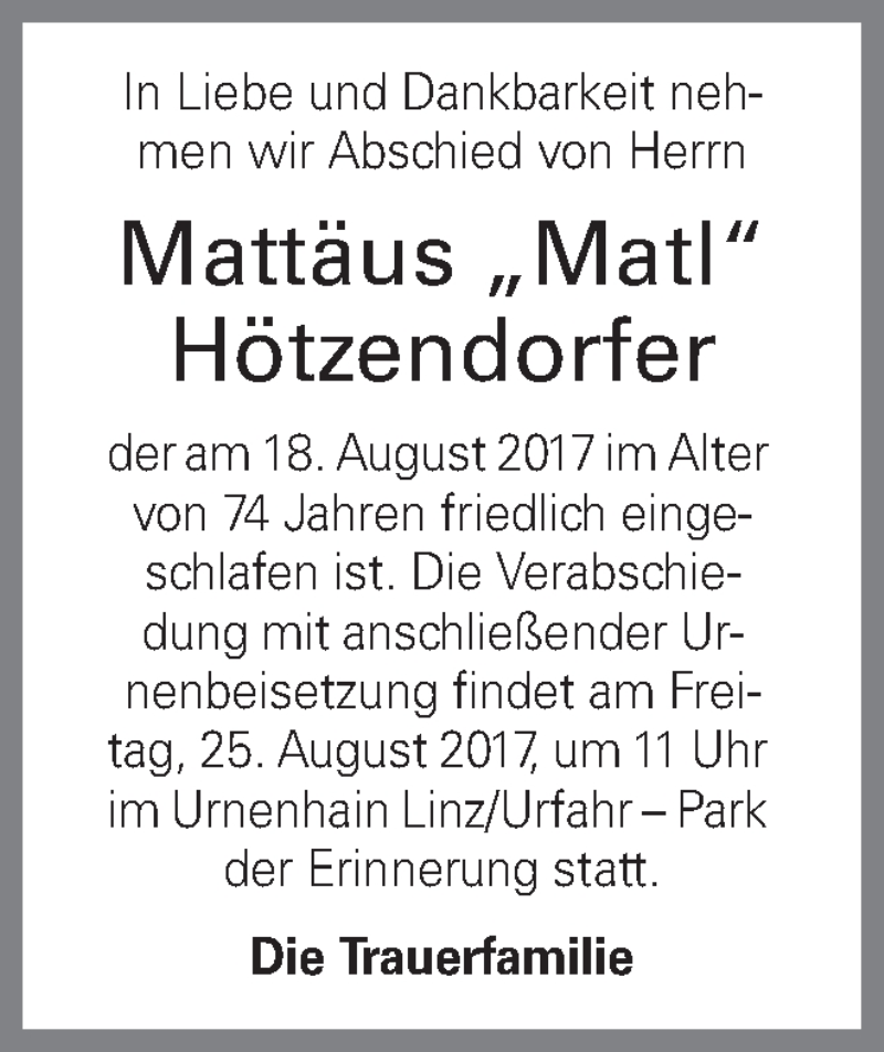  Traueranzeige für Mattäus Hötzendorfer vom 23.08.2017 aus Oberösterreichische Nachrichten
