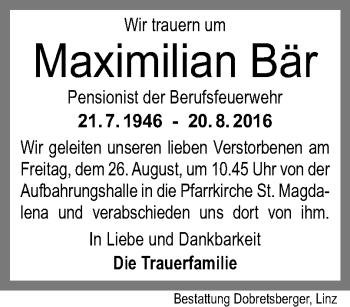 Traueranzeige von Maximilian Bär von OÖNachrichten