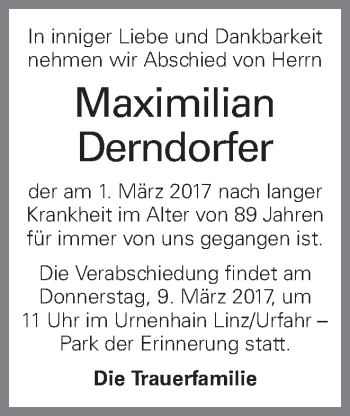 Traueranzeige von Maximilian Derndorfer von OÖNachrichten