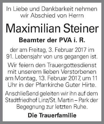 Traueranzeige von Maximilian Steiner von OÖNachrichten
