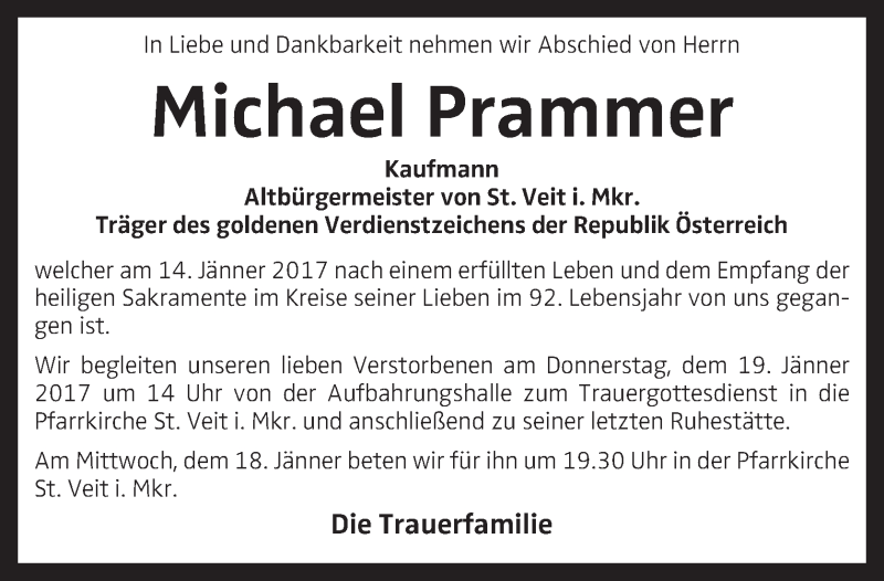  Traueranzeige für Michael Prammer vom 18.01.2017 aus OÖNachrichten