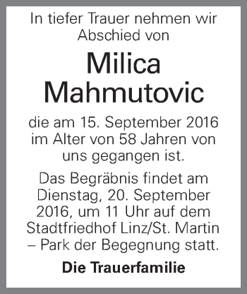 Traueranzeige von Milica Mahmutovic von OÖNachrichten
