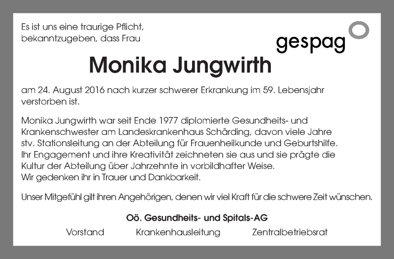  Traueranzeige für Monika Jungwirth vom 27.08.2016 aus OÖNachrichten