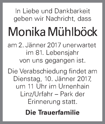 Traueranzeige von Monika Mühlböck von OÖNachrichten