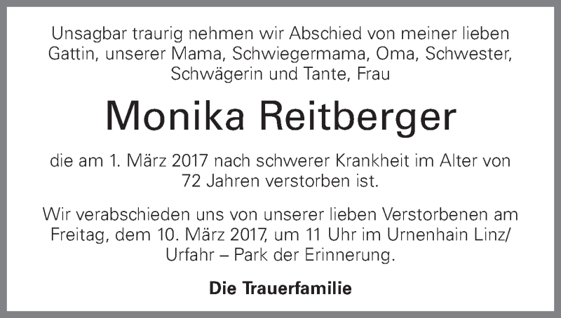  Traueranzeige für Monika Reitberger vom 04.03.2017 aus OÖNachrichten