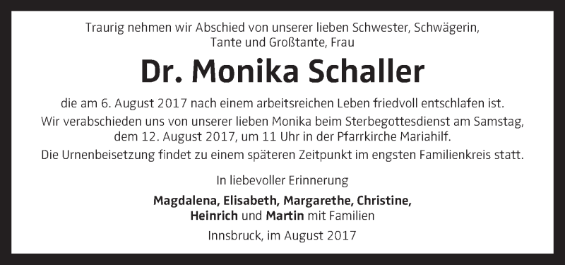  Traueranzeige für Monika Schaller vom 10.08.2017 aus OÖNachrichten