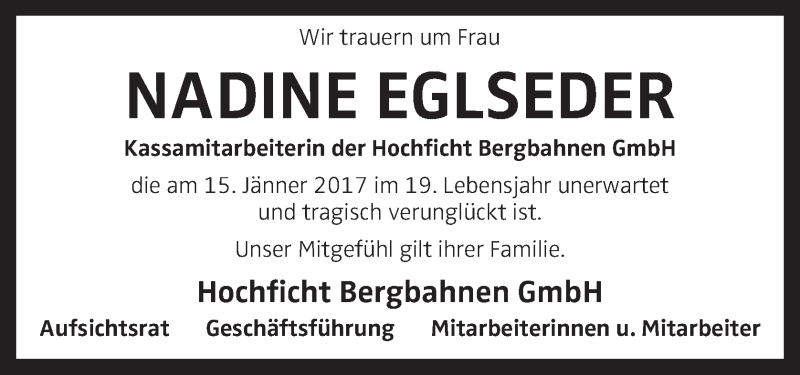  Traueranzeige für Nadine Eglseder vom 20.01.2017 aus OÖNachrichten