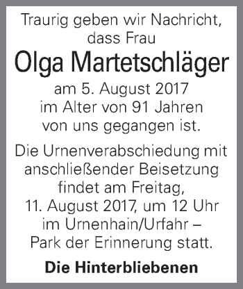 Traueranzeige von Olga Martetschläger von OÖNachrichten