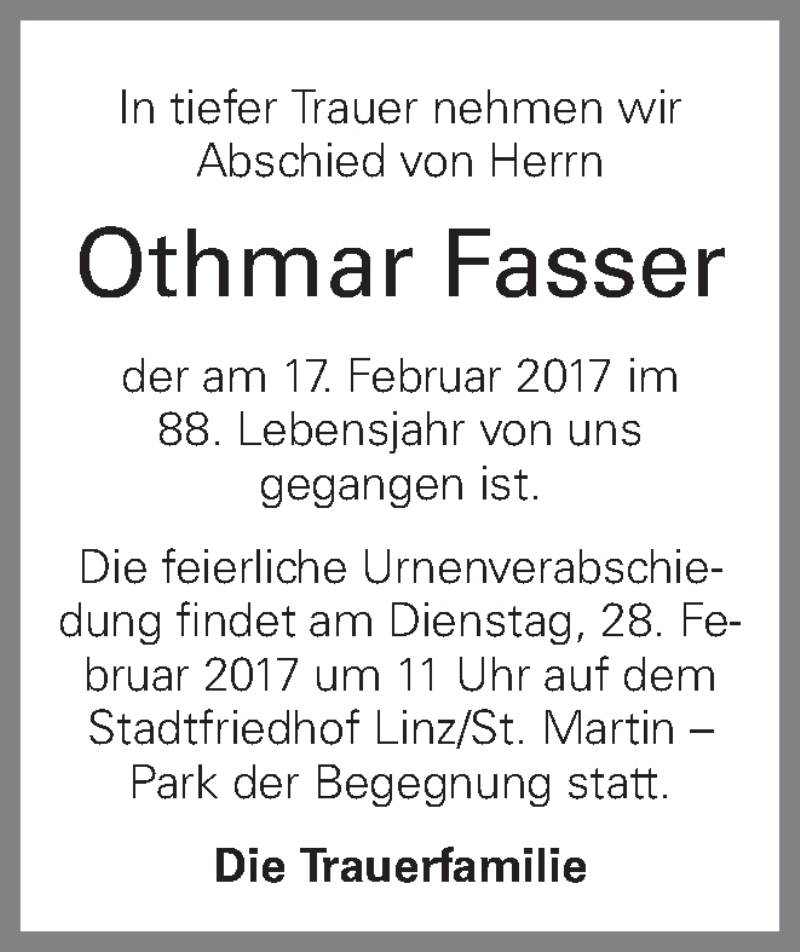  Traueranzeige für Othmar Fasser vom 24.02.2017 aus OÖNachrichten