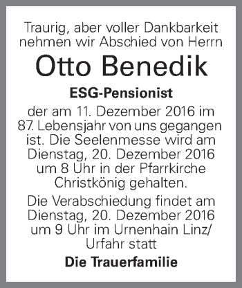 Traueranzeige von Otto Benedik von OÖNachrichten