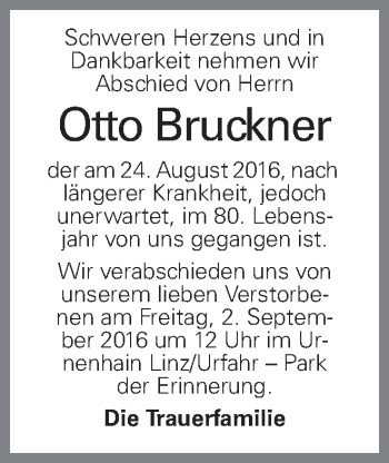 Traueranzeige von Otto Bruckner von OÖNachrichten