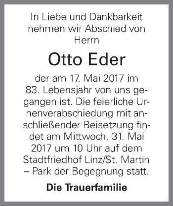 Traueranzeige von Otto Eder von OÖNachrichten