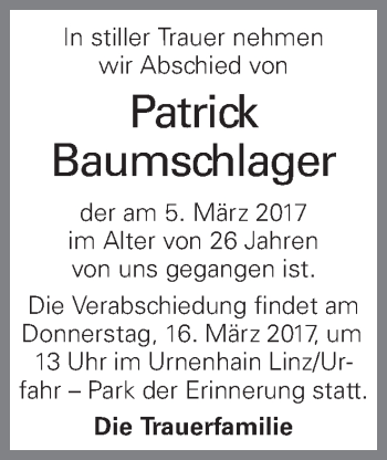 Traueranzeige von Patrick Baumschlager von OÖNachrichten