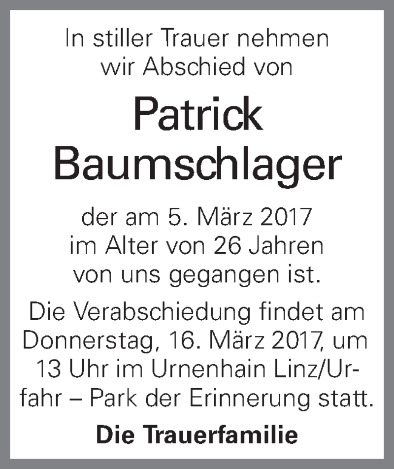  Traueranzeige für Patrick Baumschlager vom 09.03.2017 aus OÖNachrichten