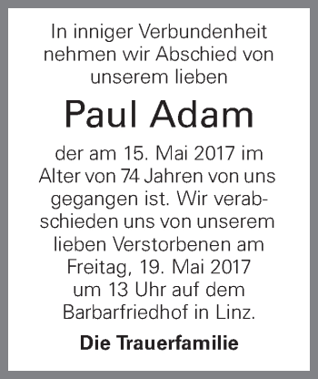 Traueranzeige von Paul Adam von OÖNachrichten