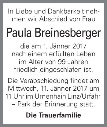 Traueranzeige von Paula Breinesberger von OÖNachrichten