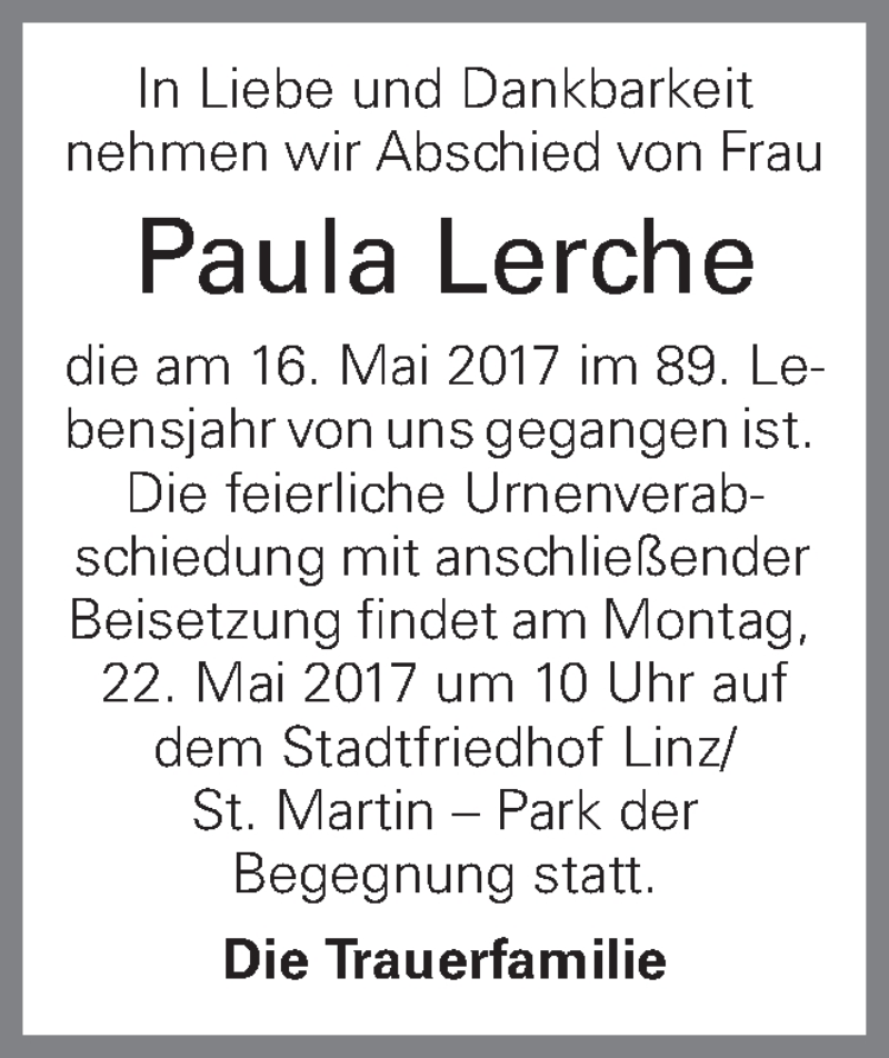  Traueranzeige für Paula Lerche vom 20.05.2017 aus OÖNachrichten