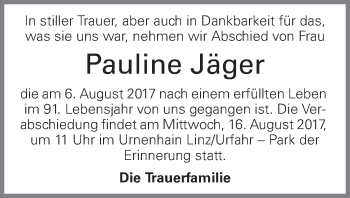 Traueranzeige von Pauline Jäger von OÖNachrichten