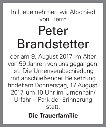 Traueranzeige von Peter Brandstetter von OÖNachrichten