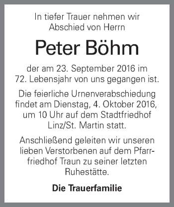 Traueranzeige von Peter Böhm von OÖNachrichten