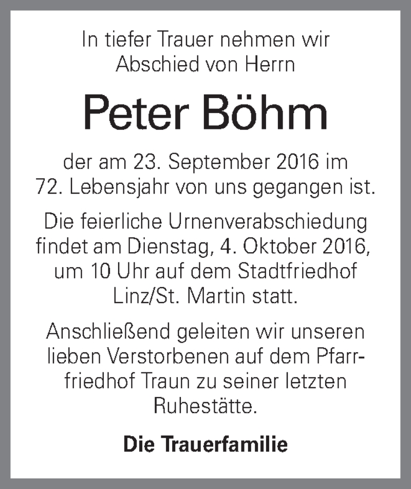  Traueranzeige für Peter Böhm vom 01.10.2016 aus OÖNachrichten
