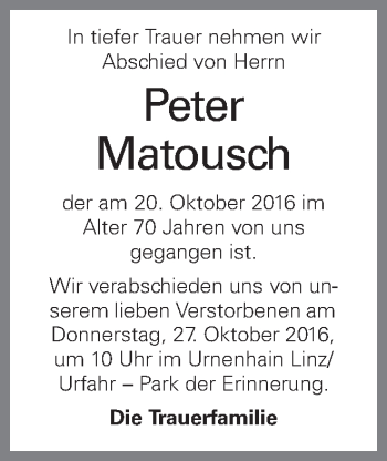 Traueranzeige von Peter Matousch von OÖNachrichten