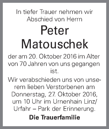 Traueranzeige von Peter Matouschek von OÖNachrichten