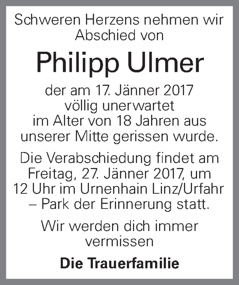  Traueranzeige für Philipp Ulmer vom 25.01.2017 aus OÖNachrichten